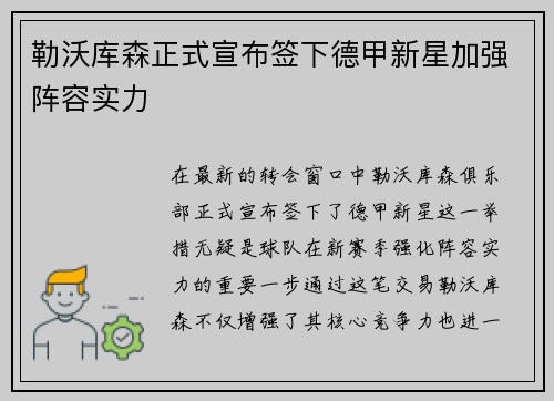 勒沃库森正式宣布签下德甲新星加强阵容实力
